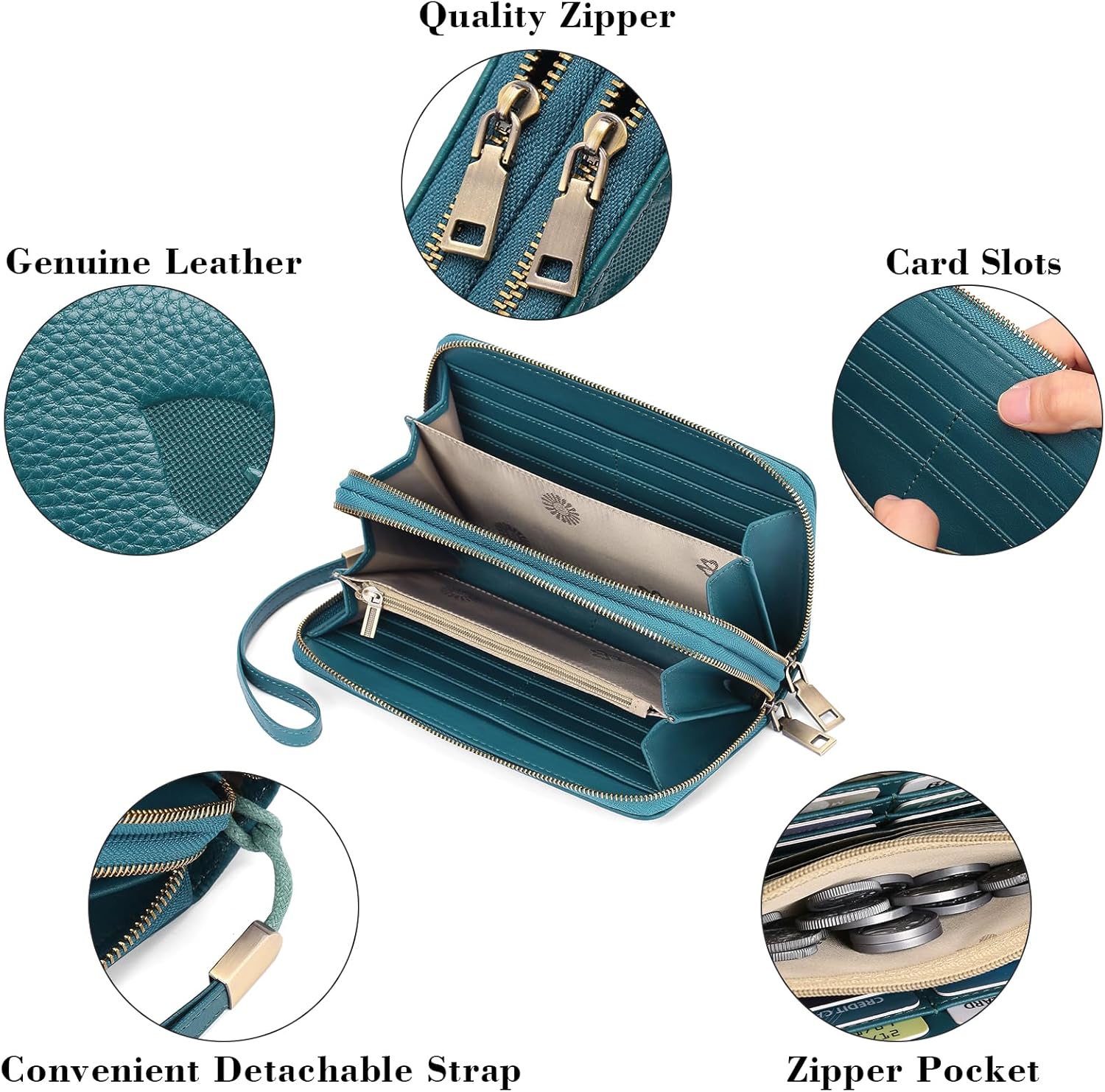 GAEKEAO Purses for Women Double Zipper Phone Clutch RFID Blocking Vegan Leather Wristlet Purse Large Capacity Long Credit Card Holder with Grip Hand Strap