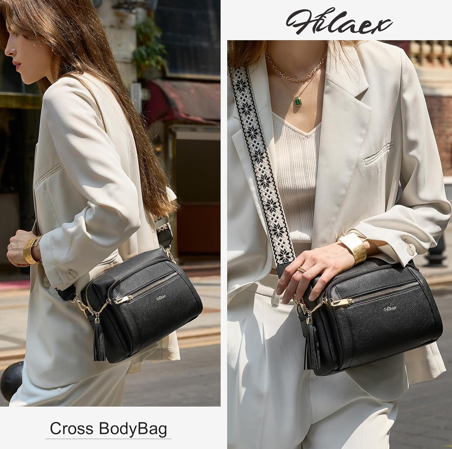 HILAEX Women's Cross Body Bags, Crossbody Bags for Women with Anti-Theft Function 4 Zip Compartments Women Shoulder Handbags with Adjustable Wide Strap