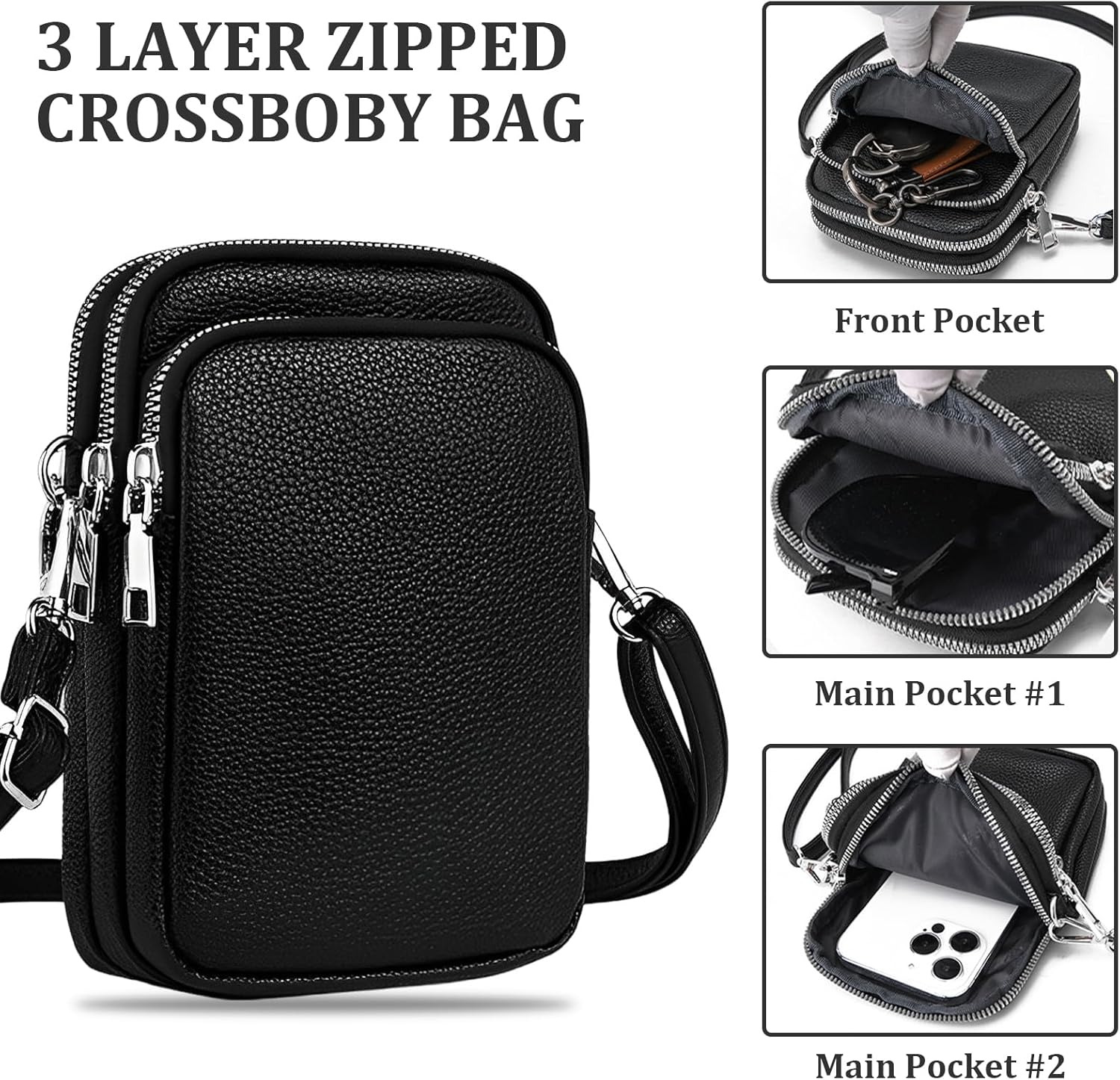 Soft Vegan Leather Phone Crossbody Bag for Women 3 Layer Zipper Pockets Cell Phone Purse Wallet Mini Shoulder Handbags with Adjustable Strap